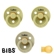 BIBS Colour Schnuller mit Namen, Gr. 2, 2 Meadow, 1 Khaki, Rund Latex, (3er Pack)